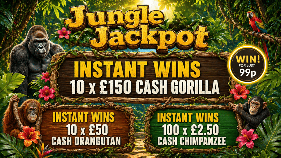 Jungle Jackpot 🌴💷 £2,250 Worth Of Cash Instant Wins + £200 End Prize 🎟️ 99p